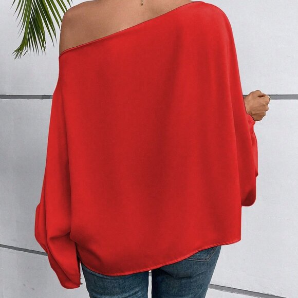 Red Orange Casual Women's One Shoulder Lantern Sleeve Blouse - Picture 2 of 5